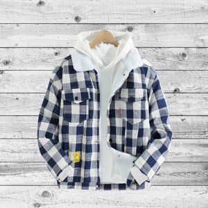 Blue Plaid Striped Jacket with Sherpa Lining